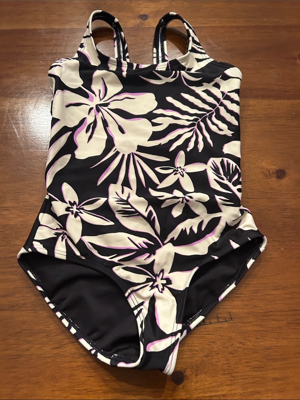 Kids Athleta Black Floral One-Piece Swimsuit with Cream and Pink Accents